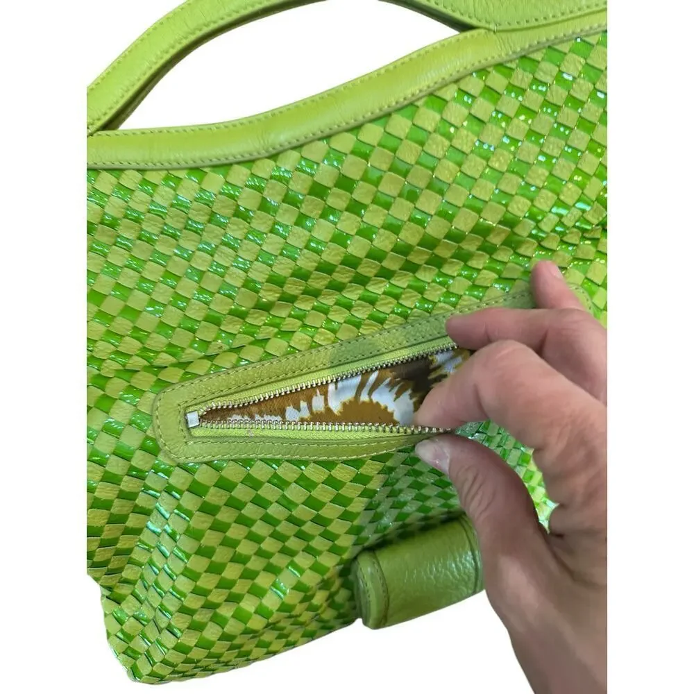 Elliott Lucca Women's Green Woven Leather Vinyl Foldover Satchel Shoulder Bag